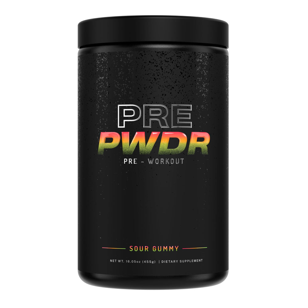 PWDRS Sour Gummy pre-workout tub for natural energy before workouts.