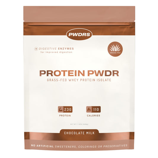PWDRS protein powder chocolate-milk pour for post-workout refreshment.