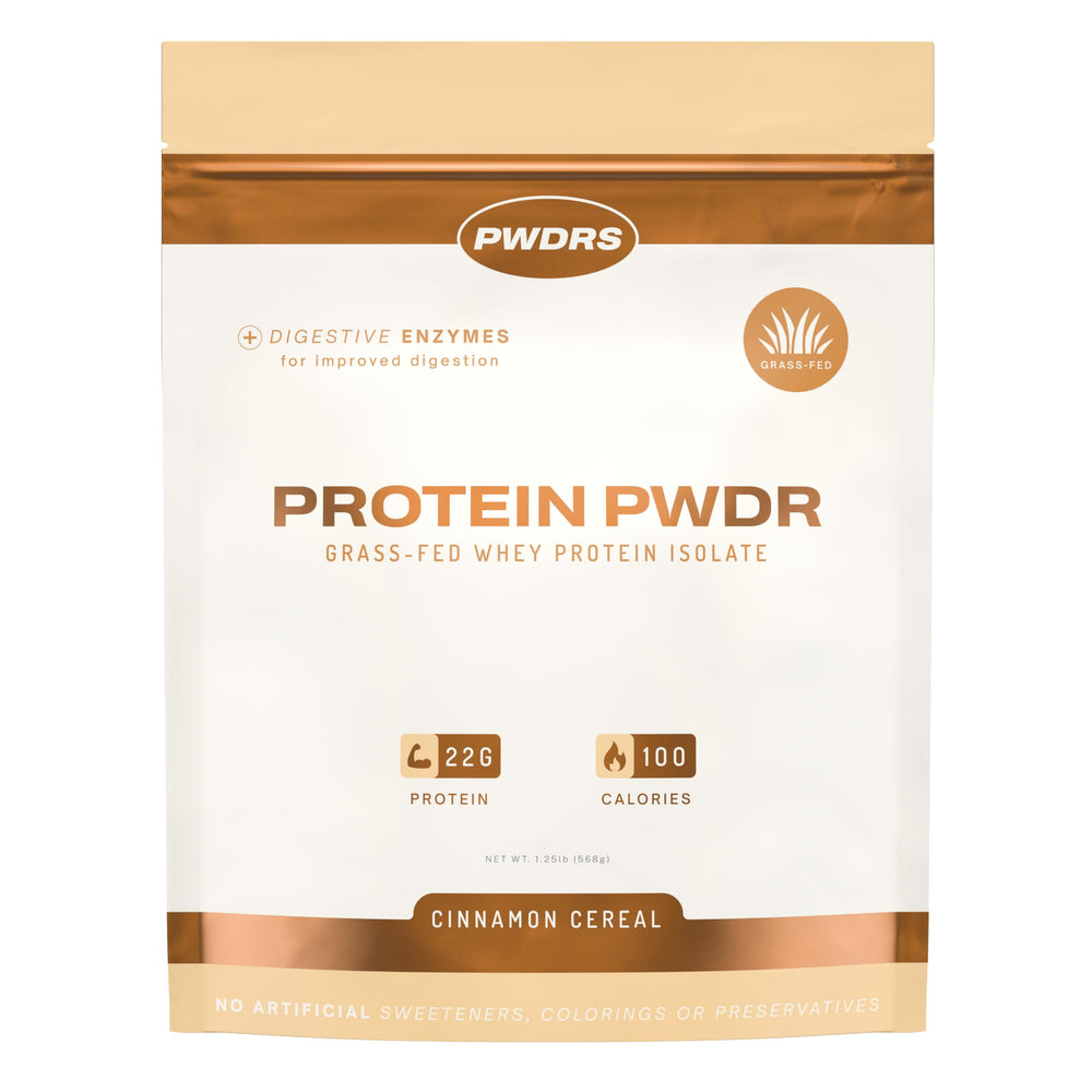 PWDRS Cinnamon Cereal protein powder tub front showing clean nutrition for lean muscle