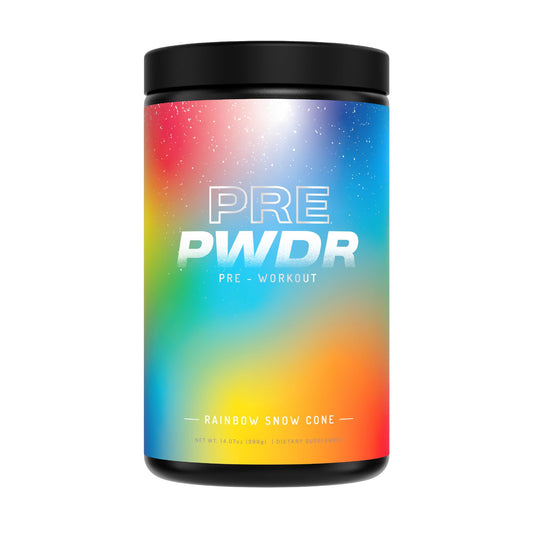 PWDRS Rainbow Snowcone tub front showing clean energy ingredients.