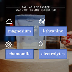 Creamy PWDRS Snooze in a mug with steam suggests cozy evenings.