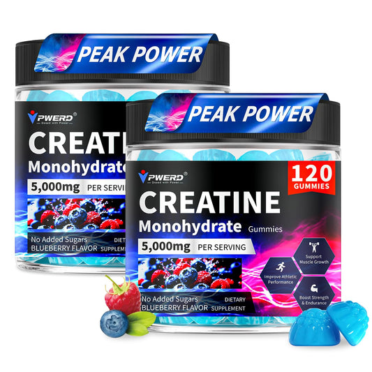 PWERD creatine gummies bottle on desk, convenient daily energy support for workouts.