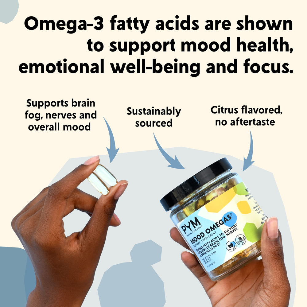 Gluten-free and Non-GMO PYM omega-3 capsules for purity.