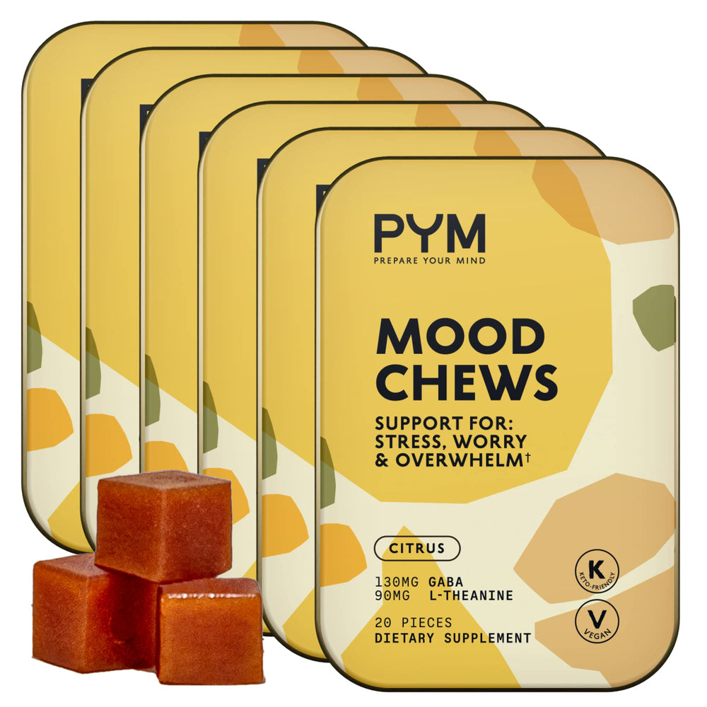 PYM Health Citrus Mood Chews bottle shown, offering a citrus mood boost for daily routines.