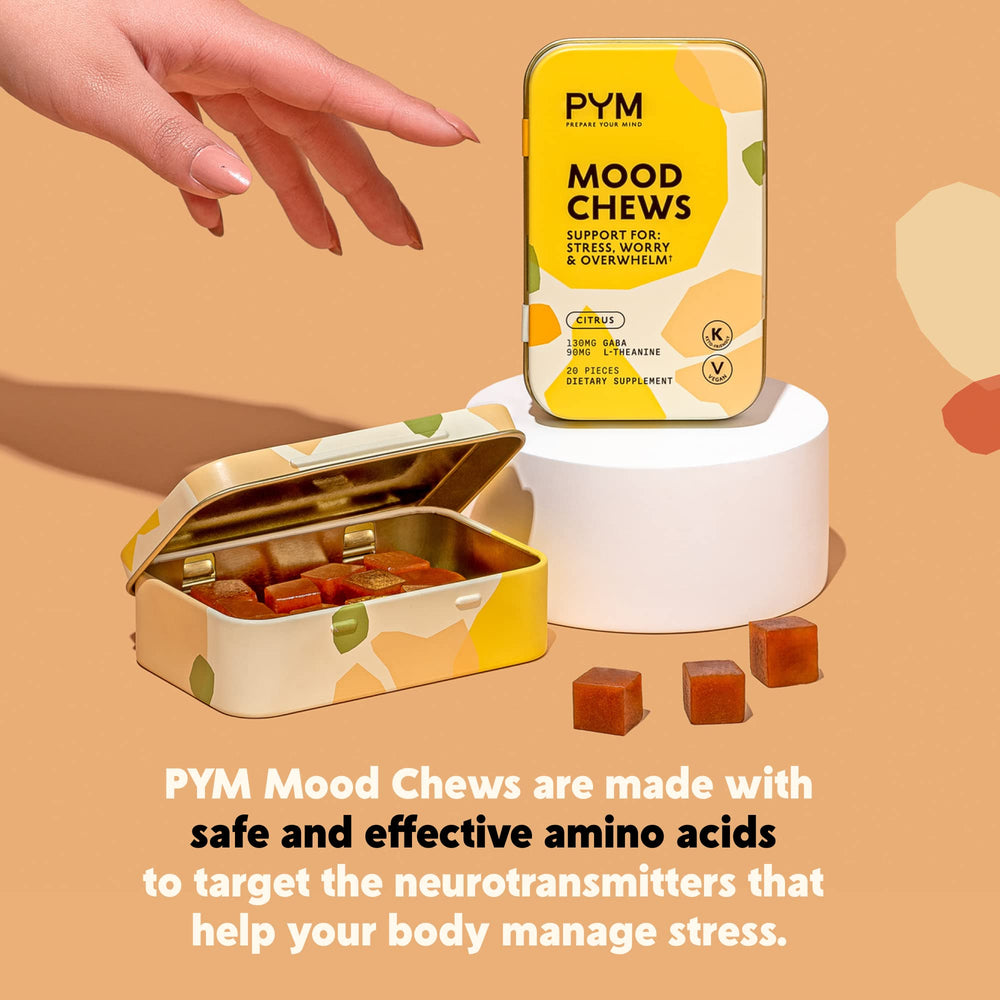 PYM Health Citrus Mood Chews gluten-free seal aligns with sensitive-diet needs.