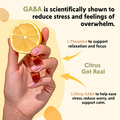 PYM Health Citrus Mood Chews ingredients scene highlights L-Theanine and GABA for mood support.