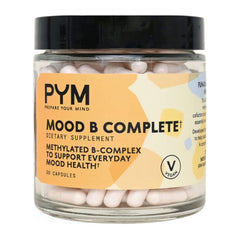 PYM Health Mood B Complete bottle being poured, supports steady energy throughout the day.