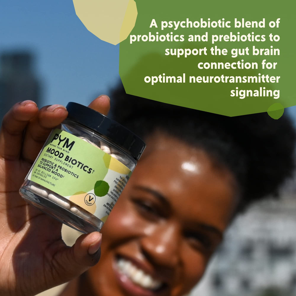 Detail of PYM Mood Biotics label highlighting CFU and six strains