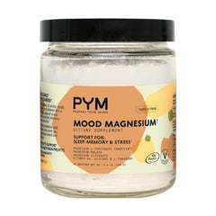PYM Mood Magnesium powder container label highlights clean, vegan, non-GMO formula