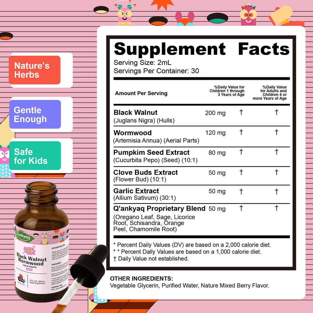 Q'ankyaq kid detox drops label close-up highlighting natural ingredients for kids' health