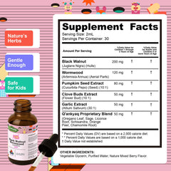 Q'ankyaq kid detox drops label close-up highlighting natural ingredients for kids' health