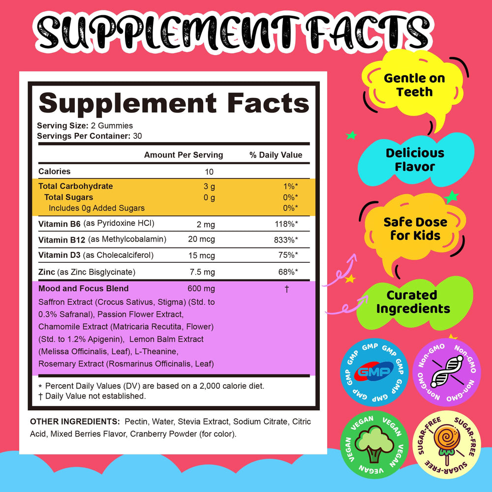 Q'ankyaq Kids saffron gummies label highlights mood support and clean ingredients.