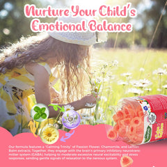 Q'ankyaq Kids saffron gummies night-use image hints at calming bedtime routine.