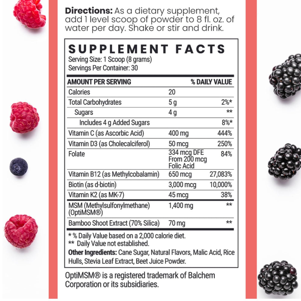 Qhemet Biologics MSM Biotin drink glass with stir demonstrates easy mix.