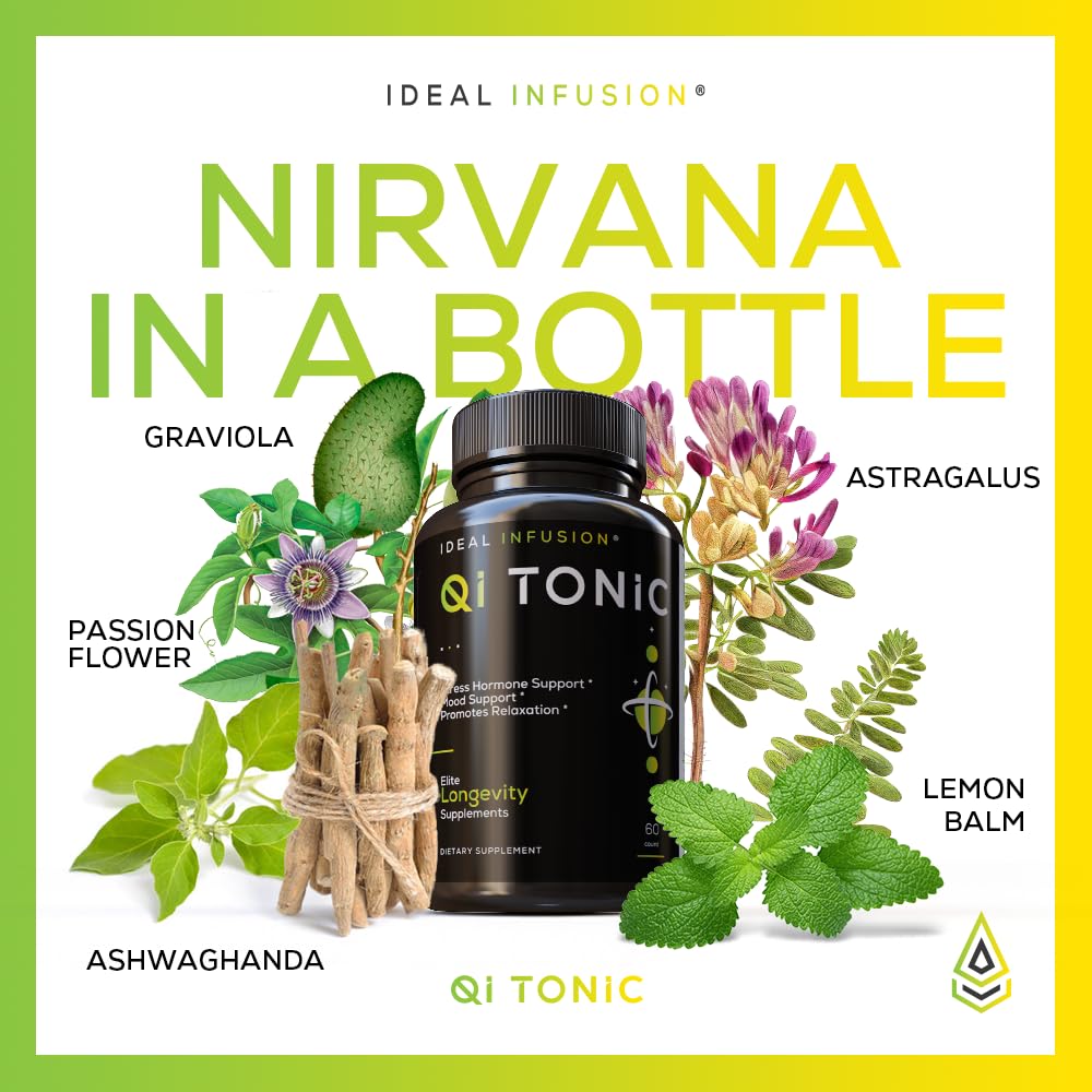 Qi Tonic bottle with astragalus and ashwagandha for energy and calm.