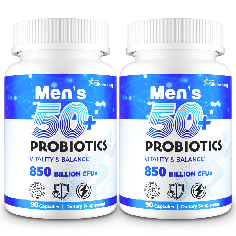 QIVERNAMY men's probiotic bottle shows 850B CFU potency for gut support on the go