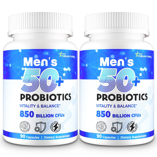 QIVERNAMY men's probiotic bottle shows 850B CFU potency for gut support on the go