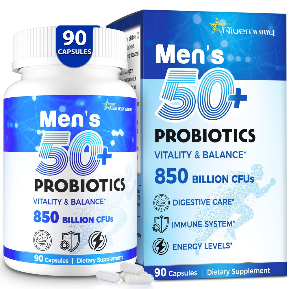 QIVERNAMY Probiotics 50+ bottle on desk supports gut health and daily energy.