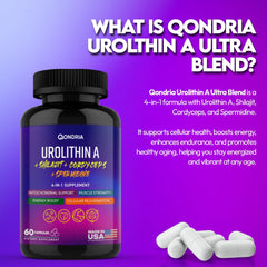 QONDRIA Urolithin A bottle close-up highlights label and ingredients