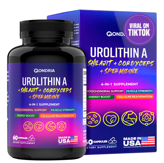 QONDRIA Urolithin A bottle pour supports easy daily energy use