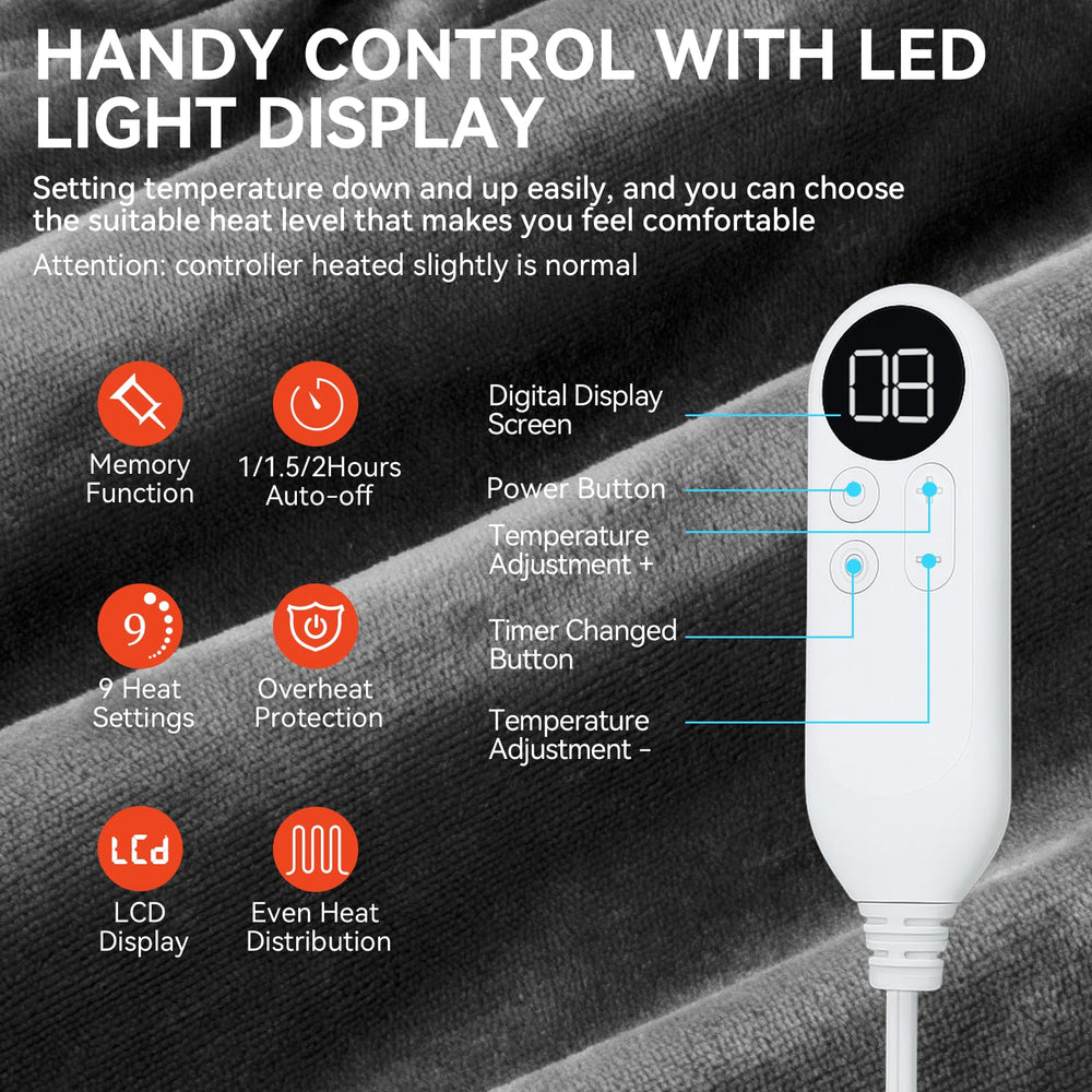 Qoosea heating pad remote control displaying 9 heat levels for personalized warmth.