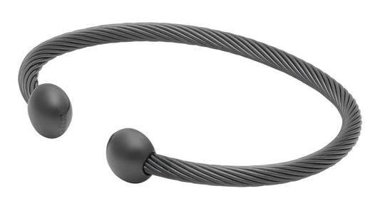QRAY Gun Metal Deluxe bracelet close-up shows C-shaped terminals for comfortable daily wear.