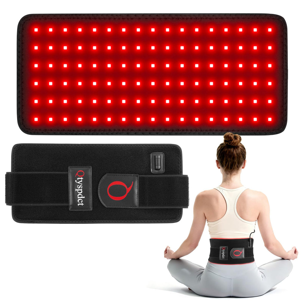 Qtyspdct red light therapy belt back view showing broad coverage for multiple muscle groups.