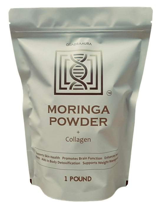 QuadraAura Moringa + Collagen Powder bottle shows pure, unsweetened two-ingredient blend