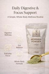 QuadraAura Moringa + Collagen Powder smoothie prep ready for daily use