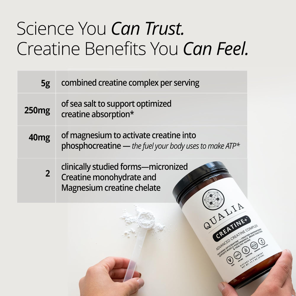 Qualia Creatine powder dissolves easily in water for smooth texture.