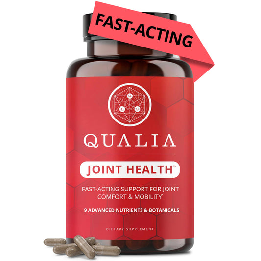 Qualia Life Sciences Qualia Joint Health 9 bottle front view signaling premium joint support.