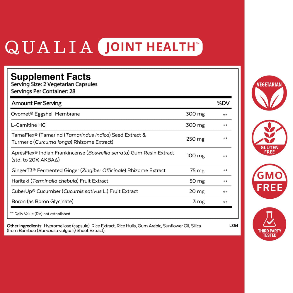 Qualia Life Sciences Qualia Joint Health 9 bottle side view highlighting daily supplementation.