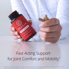 Qualia Life Sciences Qualia Joint Health 9 daily-use setup with water glass.