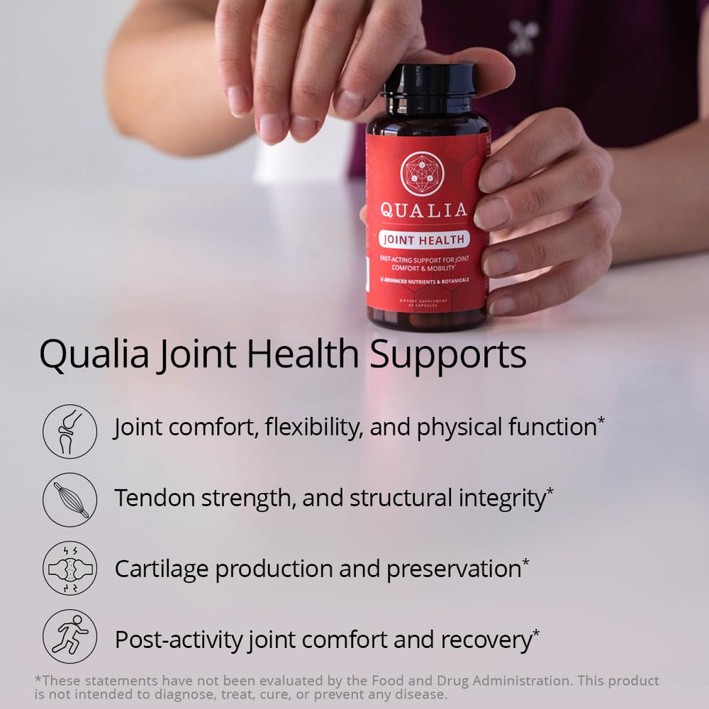 Qualia Life Sciences Qualia Joint Health 9 label close-up emphasizing ingredients and formulation.