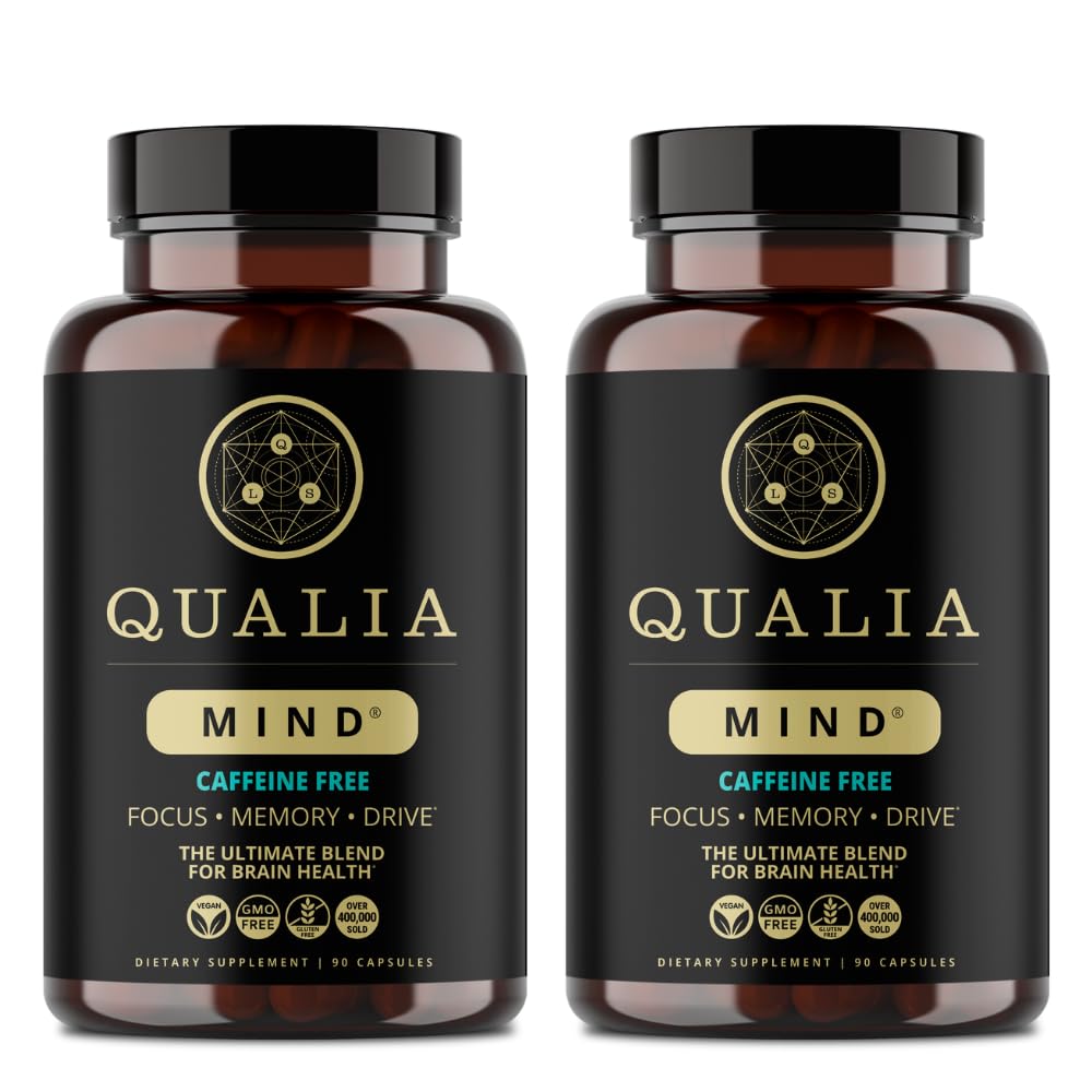 Qualia Mind caffeine-free bottle front shows focused brain support for deep work