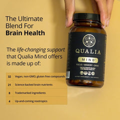 Qualia Mind ingredients list graphic highlights Lion’s Mane and Cognizin for cognitive support.