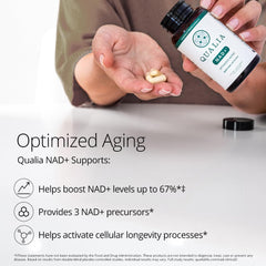 Qualia NAD capsules closeup highlighting bioavailable NAD+ precursors