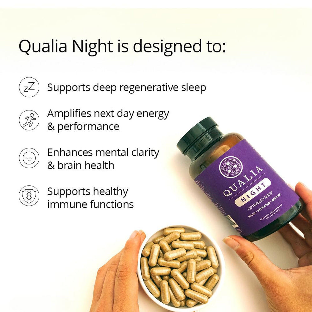 Qualia Night bottle pictured, promotes deep, refreshing sleep.