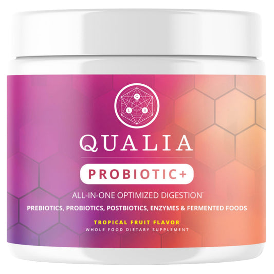 Qualia Probiotic packaging label highlights synbiotic blend