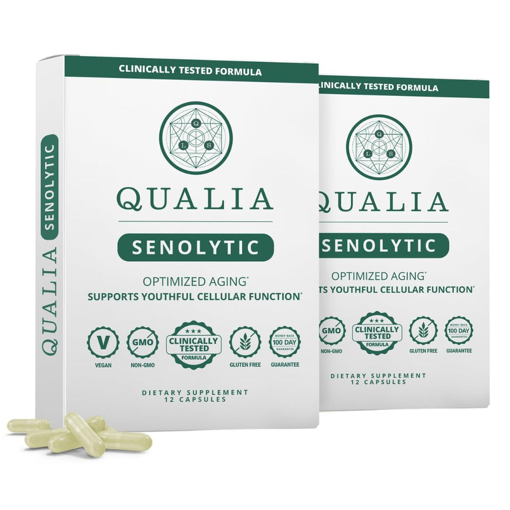 Qualia Senolytic bottle front shows branding and signals daily aging-support potential.