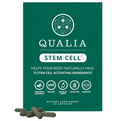 Qualia Stem Cell bottle close-up on a clean surface for daily wellness routine.
