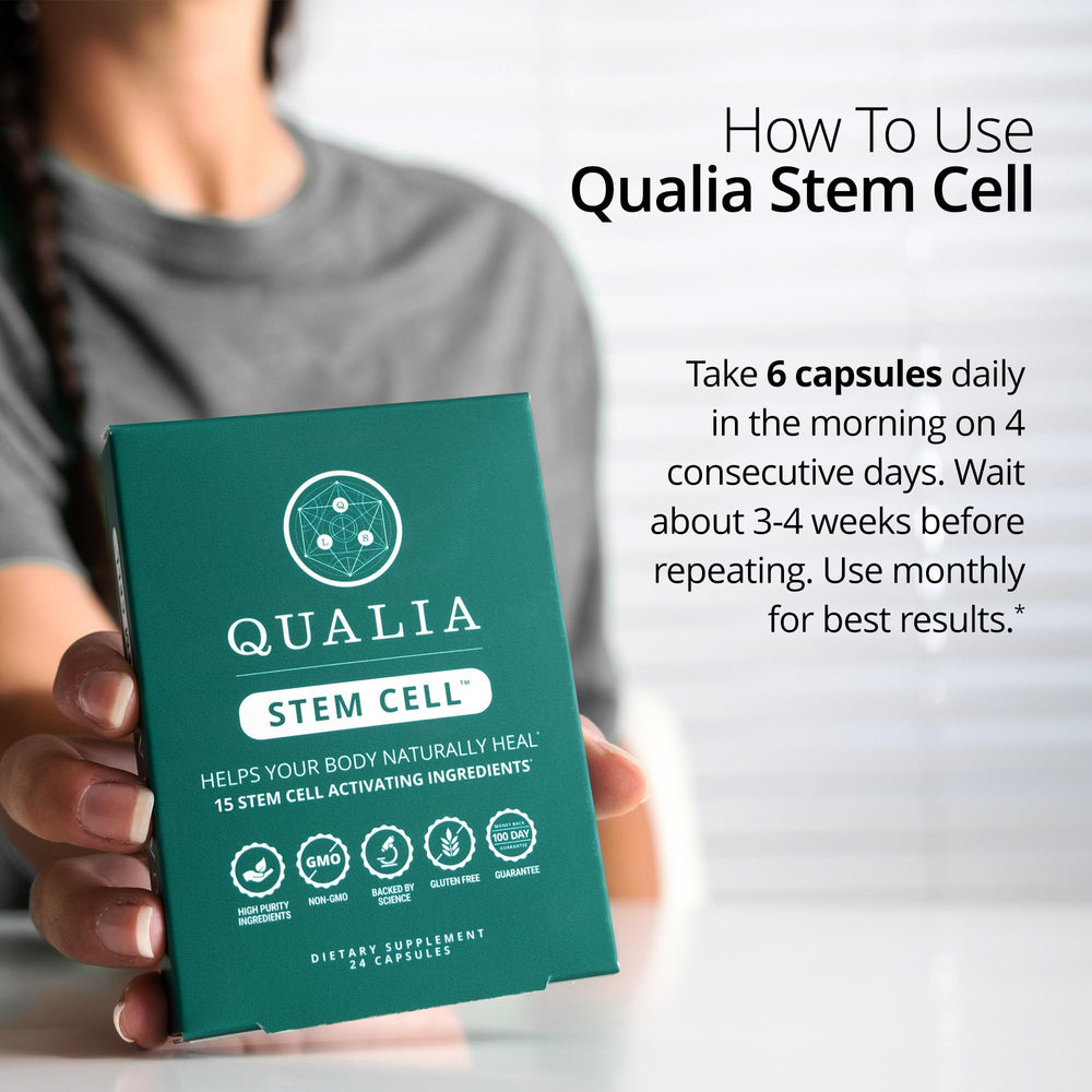 Qualia Stem Cell jar with herbal extracts conveying natural ingredients.