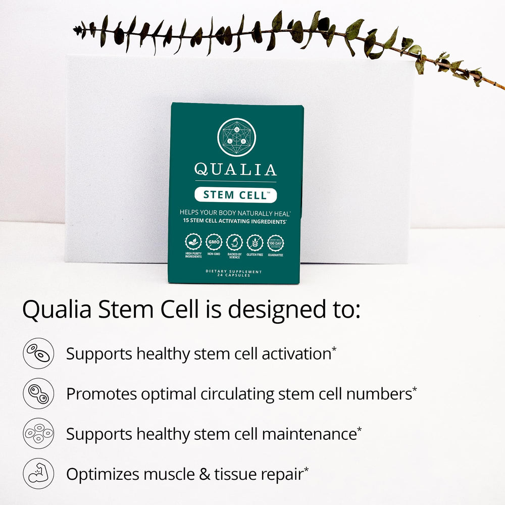 Qualia Stem Cell packaging on a modern kitchen counter for easy access.