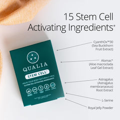 Qualia Stem Cell seal and gluten-free claim signaling quality and trust.
