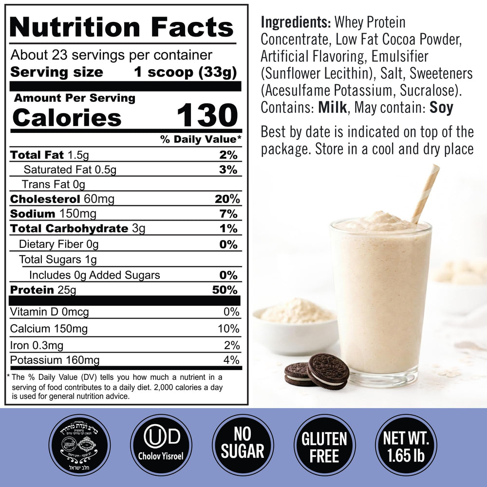 Close-up of Qualify Cookies and Cream powder being poured into a shake.