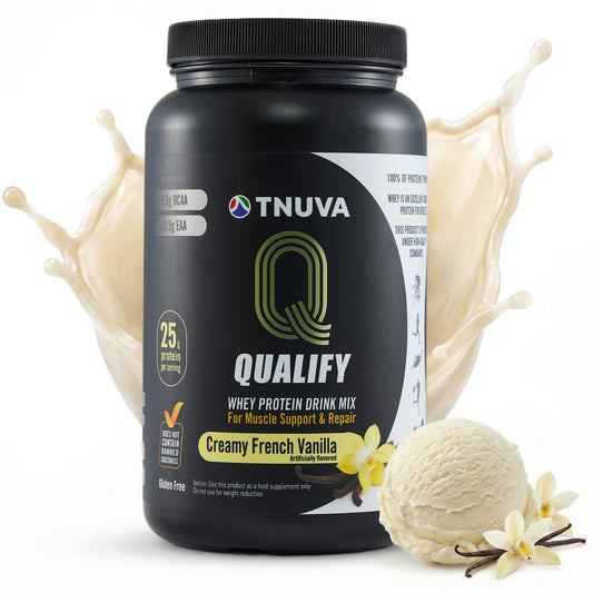 Qualify vanilla protein powder bottle for post-workout recovery and flavor boost