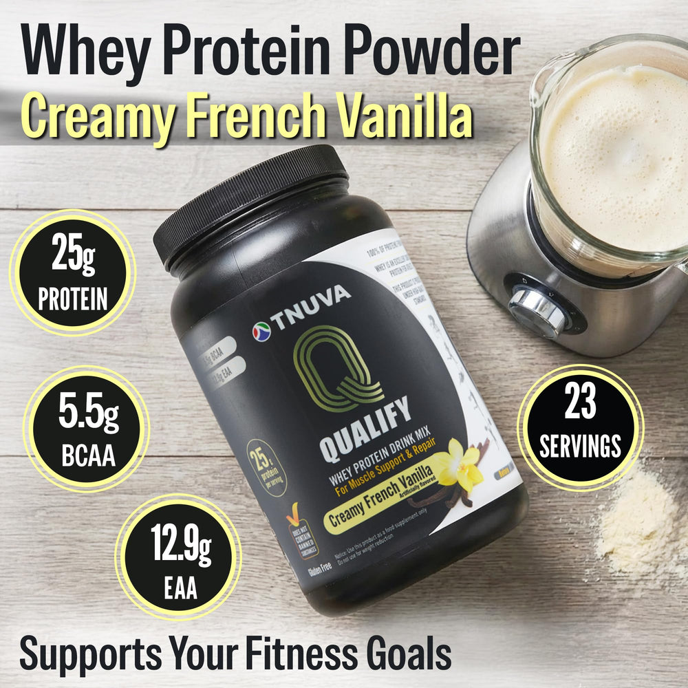 Qualify vanilla protein powder label highlights kosher certification and purity