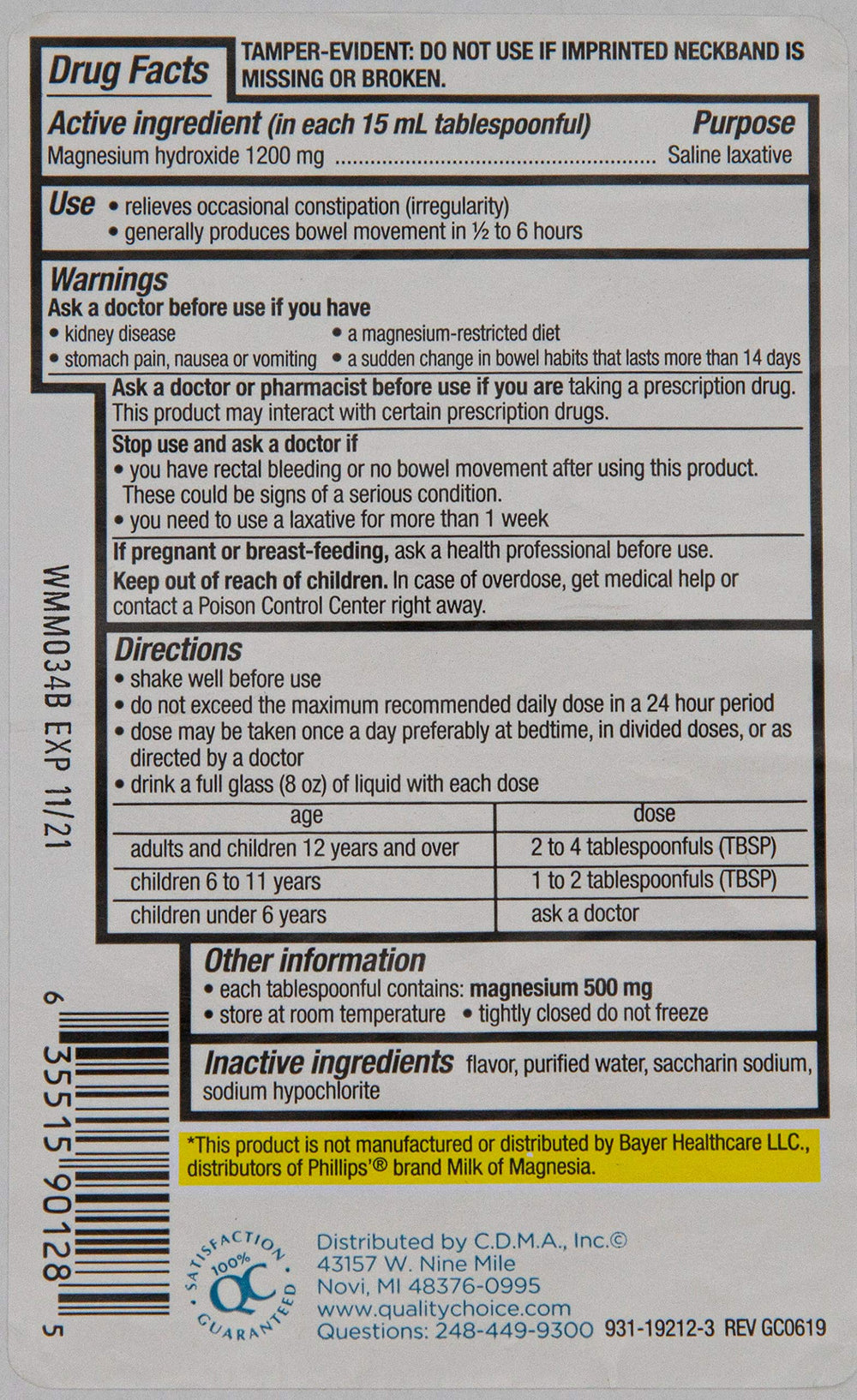 Quality Choice Milk of Magnesia mint flavor pack 6 for convenient household use.