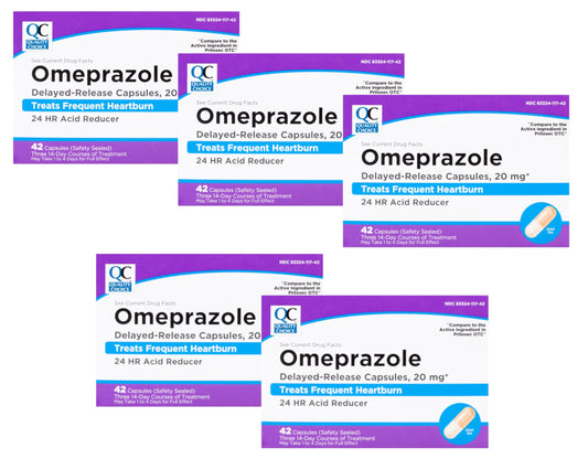 Quality Choice Omeprazole delayed-release bottle for easy daily dosing and potential heartburn relief.