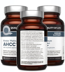 Quality of Life AHCC Kinoko Platinum capsules closeup for daily use.